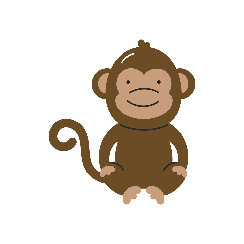 Cute monkey. Flat cartoon vector illustration isolated on white background. For card, posters, banners, printing on the pack, printing on clothes, fabric, wallpaper, textile or dishes.