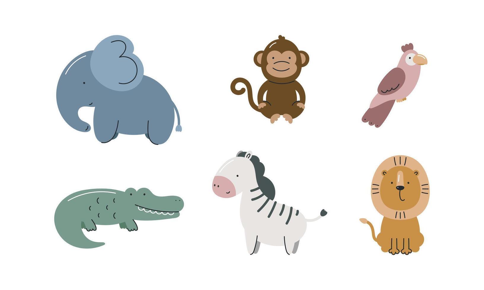 Set with cute African animals. Elephant, monkey, parrot, crocodile, zebra, lion. For for kids design, fabric, wrapping, cards, textile, wallpaper, apparel. Isolated vector on white background.