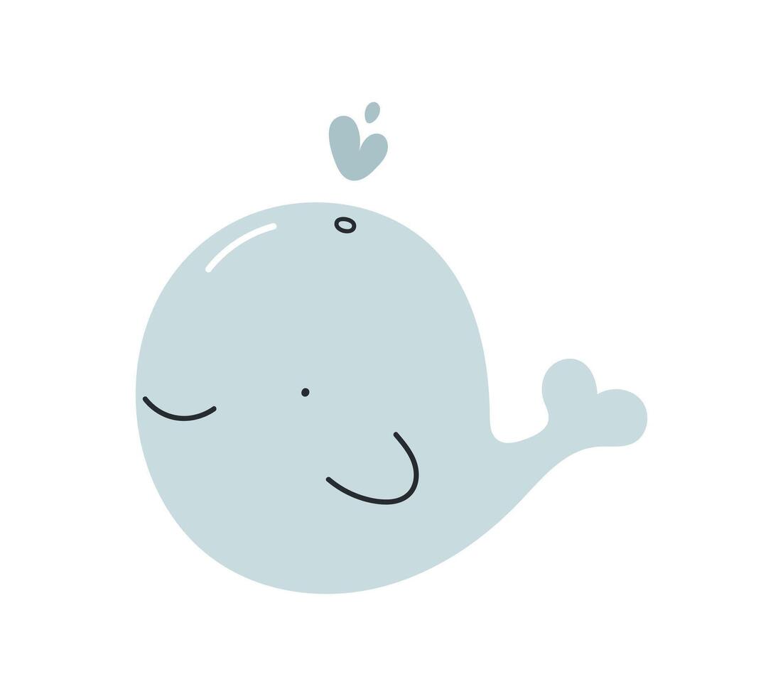 Cute pastel whale. Flat cartoon vector illustration isolated on white background. For card, posters, banners, printing on the pack, printing on clothes, fabric, wallpaper, textile or dishes.