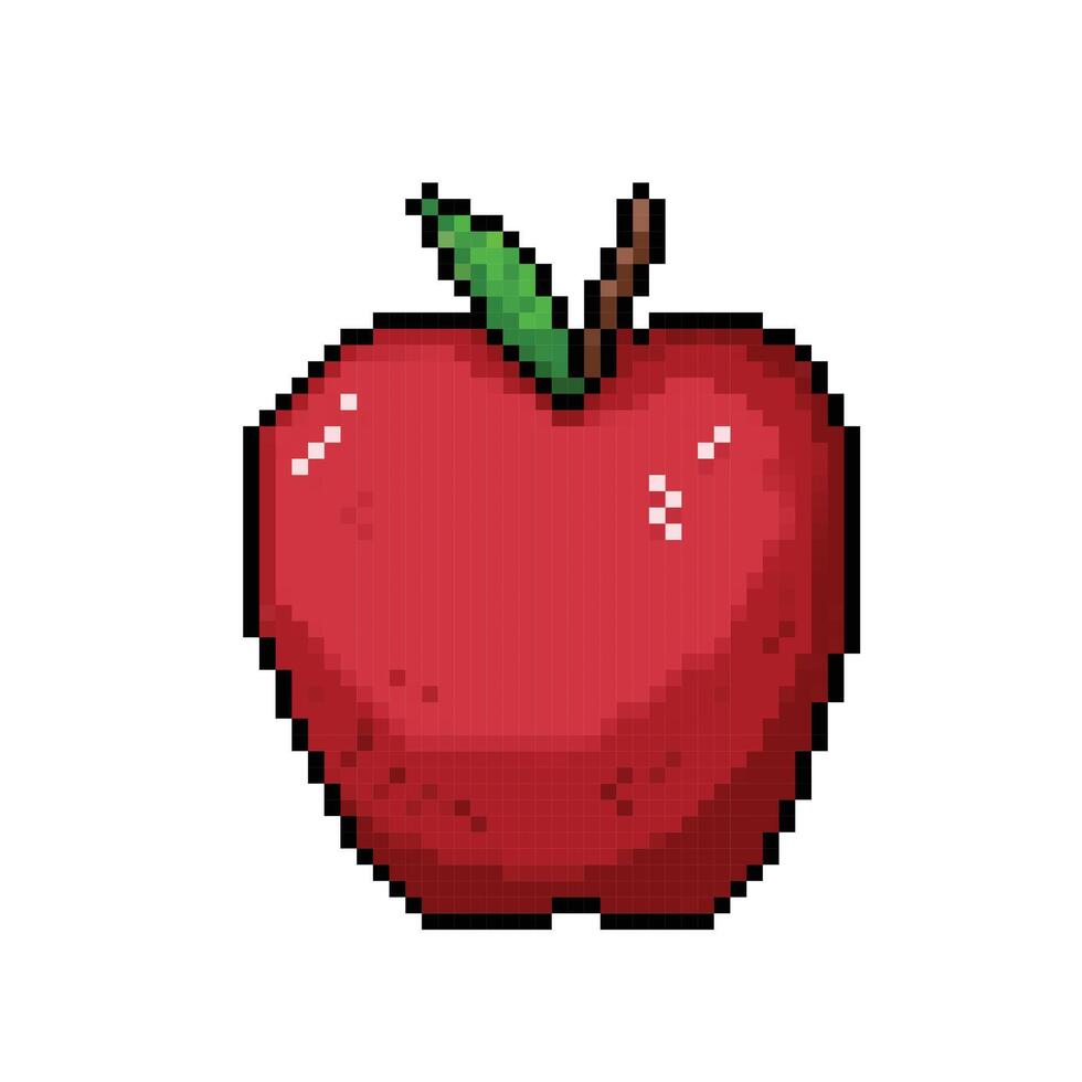 Red apple fruit with leaf. Healthy vitamin food diet. Pixel art retro vintage video game bit vector illustration. Simple flat cartoon art styled drawing isolated on square background.