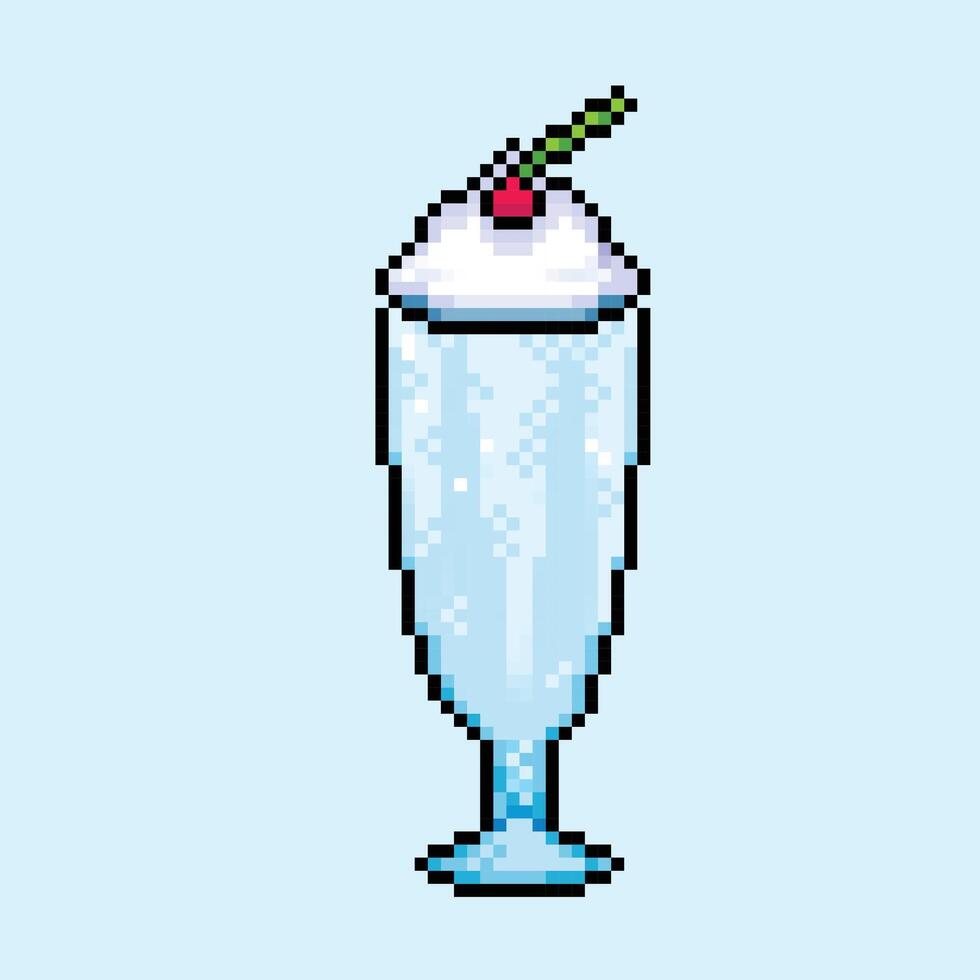 Vanilla creamy milk shake in blue tall glass and cherry fruit topping. Pixel art retro vintage video game bit vector illustration. Simple flat cartoon art styled drawing isolated on square background.