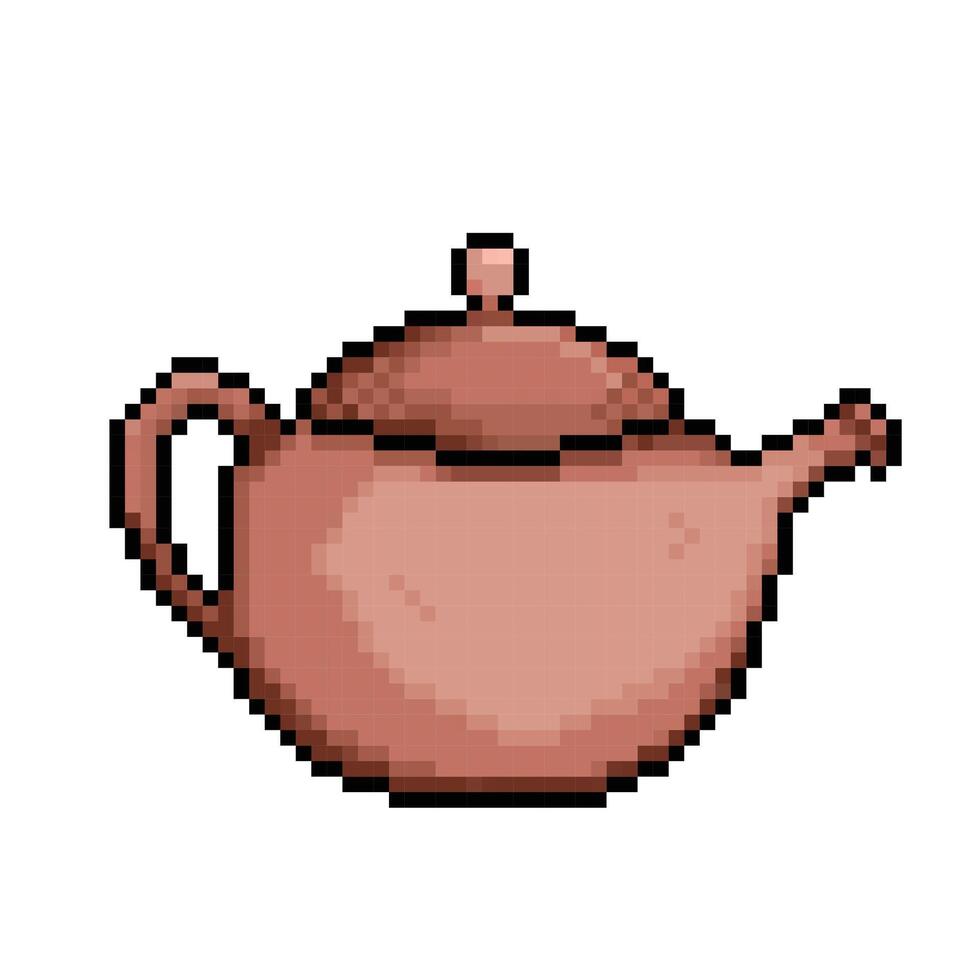 Ceramic traditional chinese or japanese tea pot. Pixel art retro vintage video game bit vector illustration. Simple flat cartoon art styled drawing isolated on square background.