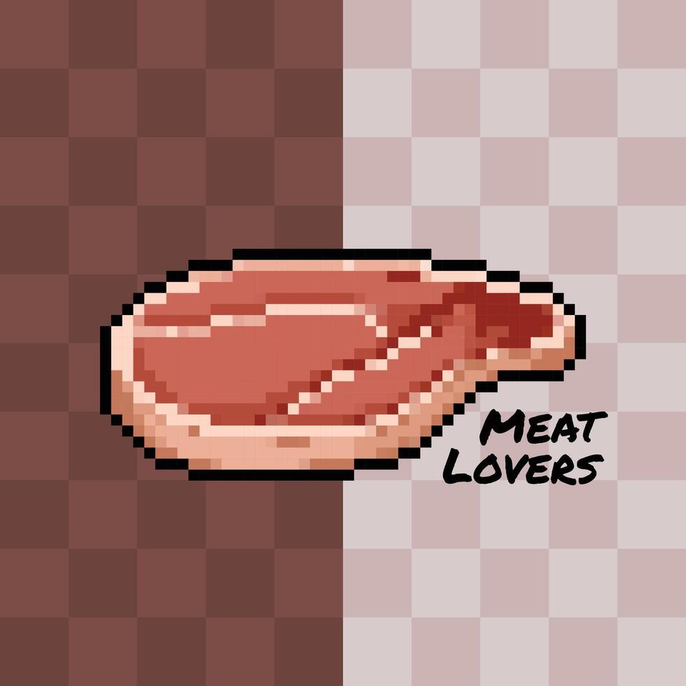 Meat lovers poster on brown checkered background. Pixel bit retro cartoon game styled vector illustration drawing.