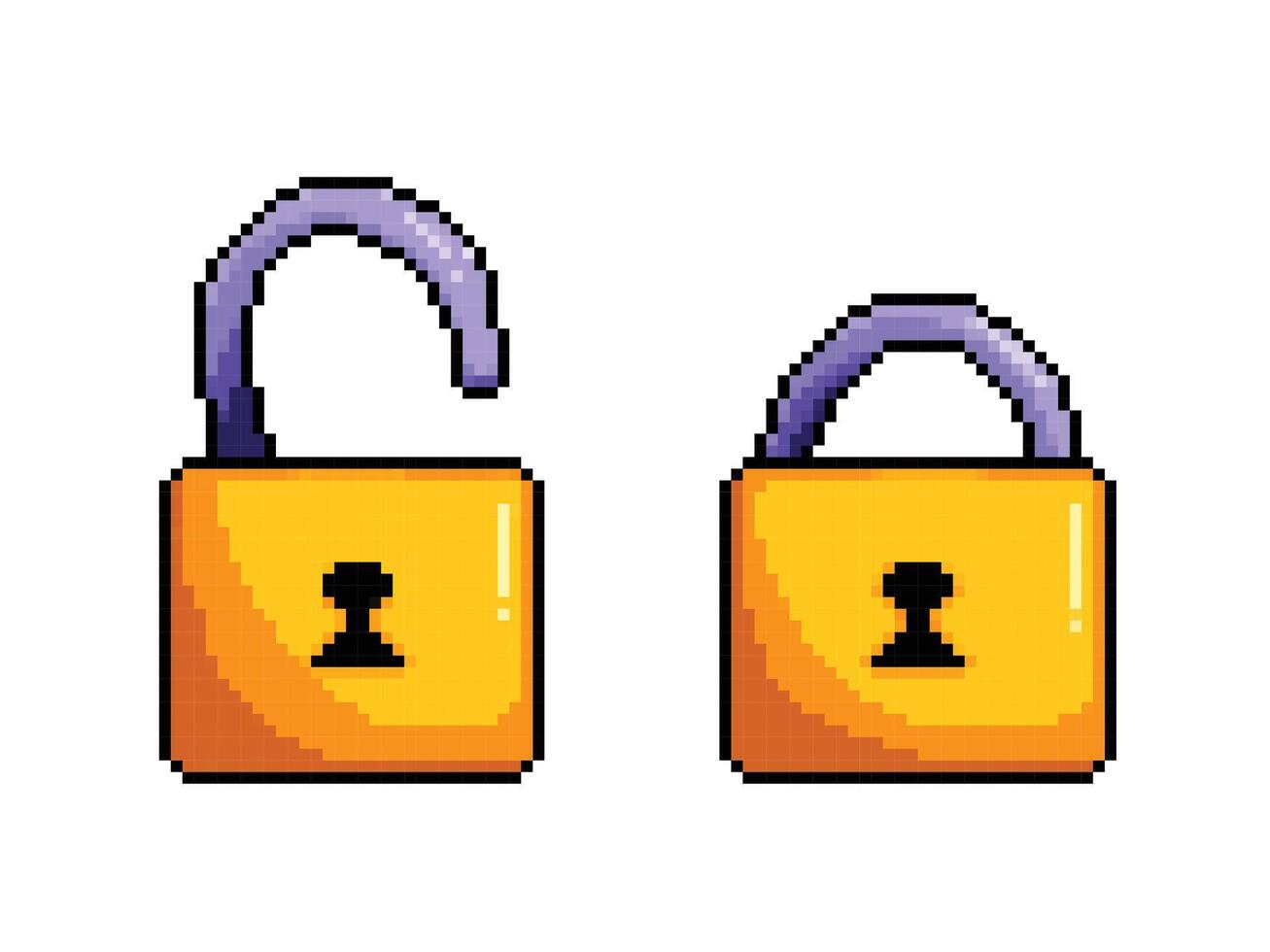 Opened and closed gold yellow padlock. Pixel art retro vintage video game bit vector illustration with simple flat cartoon art style isolated on horizontal white background.