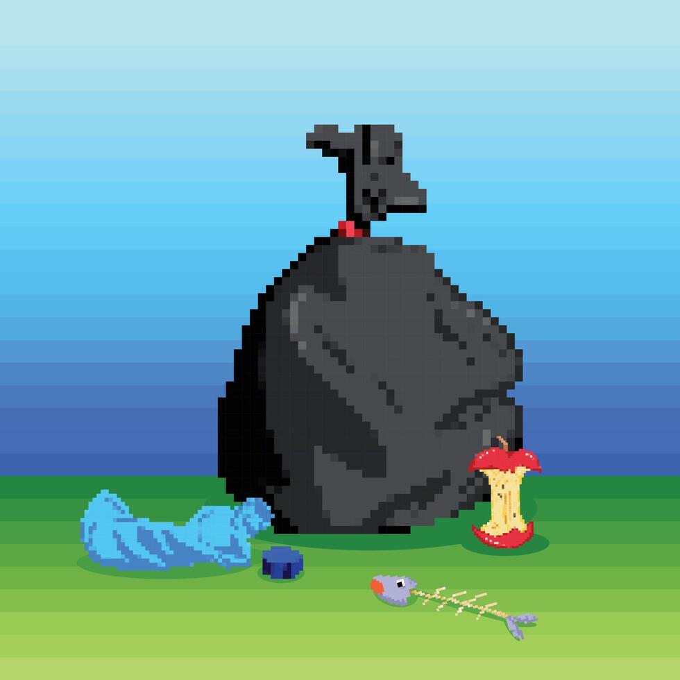 Trashes garbage junks on sky and grass background. Trash bag, apple core, fish bone, and crumpled plastic bottle. Pixel bit retro game styled vector illustration drawing.