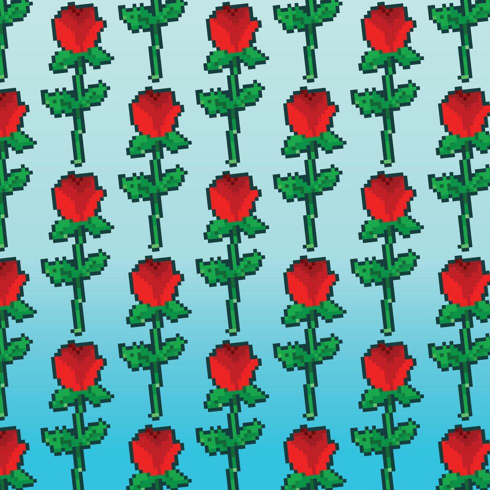 Red rose with green leaves pattern pixel bit retro vintage game cartoon flat simple styled vector illustration drawing poster background isolated on square gradient blue template backdrop.