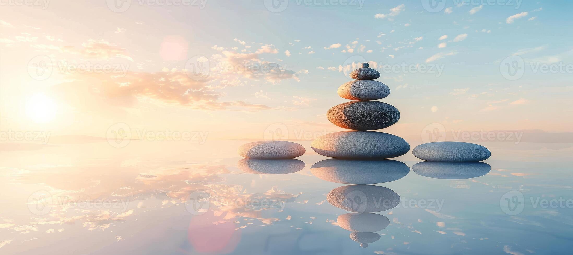 AI generated Tranquil zen stones reflecting the glow of the sunset in serene and peaceful waters photo