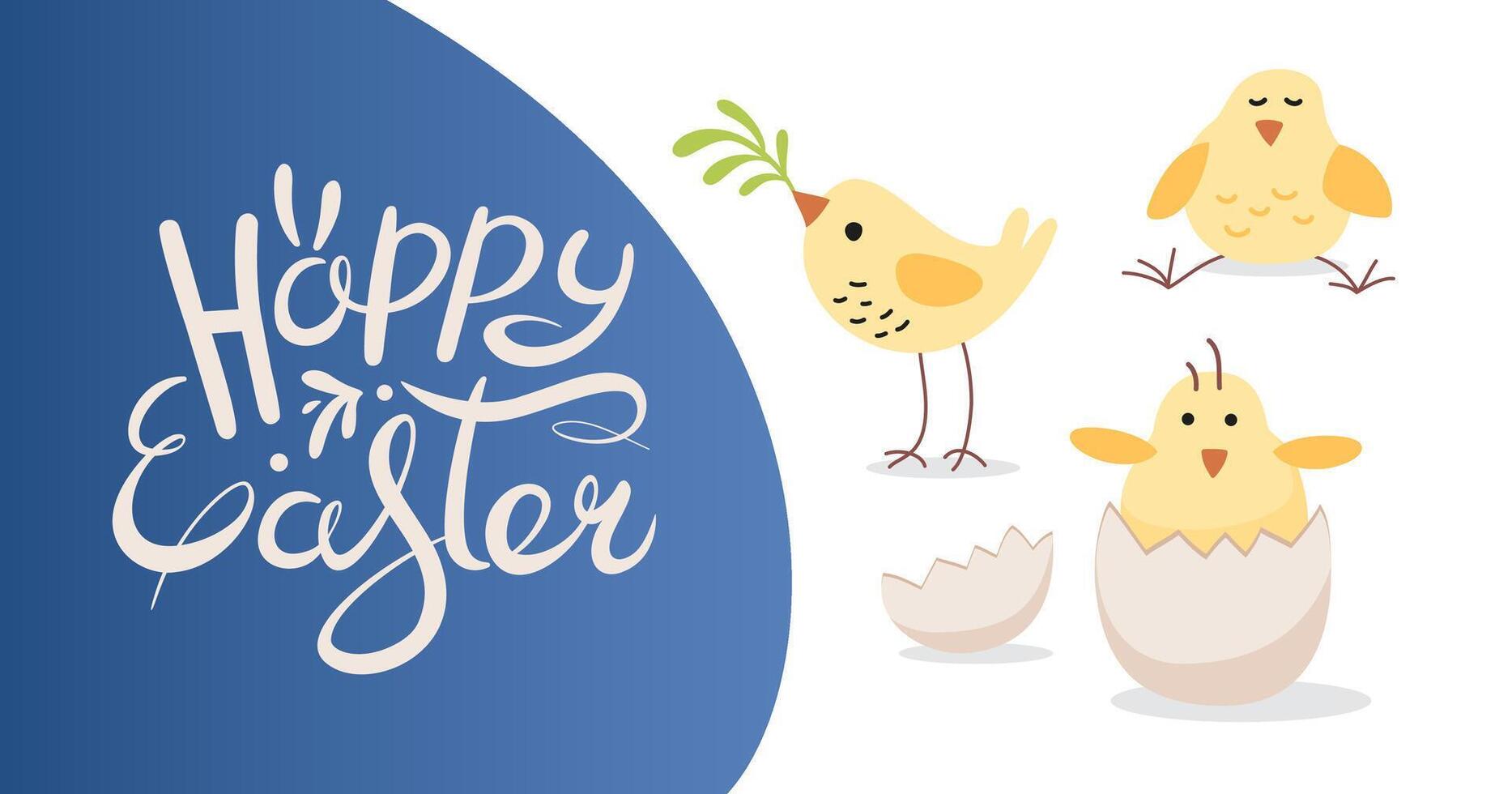 Easter web banner with little Easter birds. Cute yellow chickens. Hand drawn lettering. Simple Horizontal greeting banner. Festive background for invitations. Vector flat illustration.