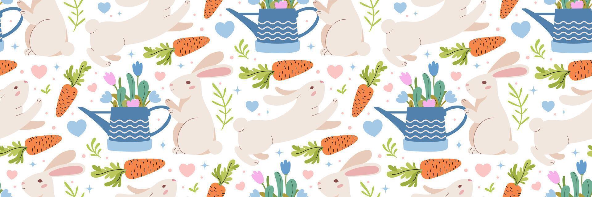 Easter rabbit, carrot and garden watering can seamless pattern. Background with bunnies, vegetation. Traditional festive background. For greeting card, banner, textiles, wallpaper. Vector illustration
