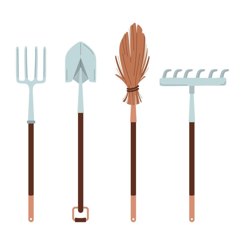 Collection of garden tools. Rake, shovel, pitchfork, broom. Items for gardening and farming, Set of farm tools, instruments. Isolated on white background. Design elements vector flat illustration.