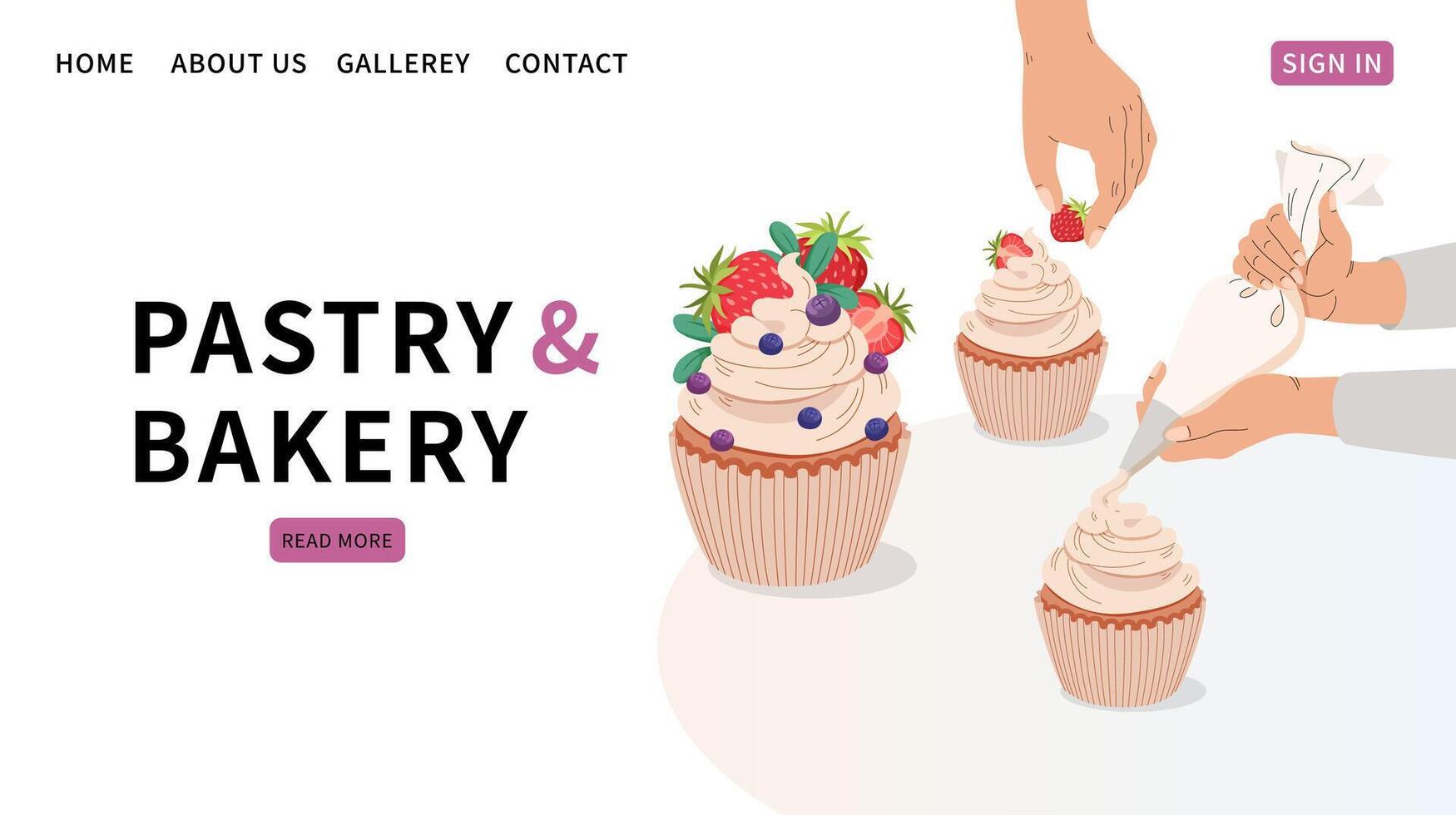 Sweet bakery shop website template. Decorating cake with cream. Pastry Bag icing. Recipe Cupcake with berry. Hand decoration cake, cream preparation. Kitchen utensil. Vector flat illustration.