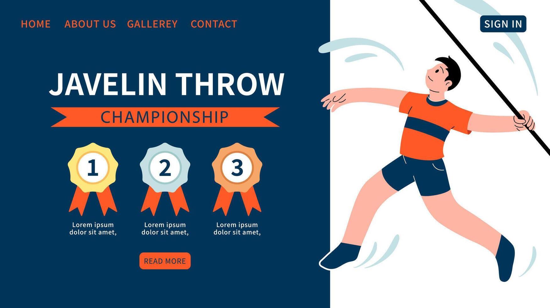 Javelin throw championship web banner. Athlete throwing javelin. Background for sports standings with three prizes. Gold, silver and bronze medals. Text templates, website. Vector flat illustration.