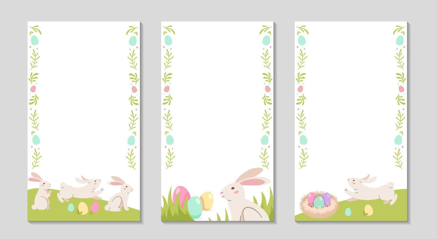 Happy Easter frame. For Social media long greeting stories post. Background with rabbit and eggs. Holidays vertical text templates set for photos and videos. Vector flat illustration.
