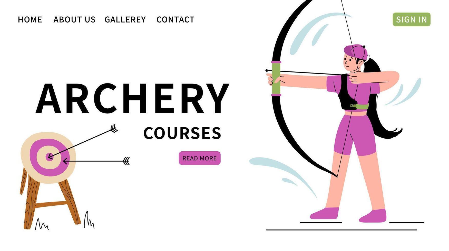 Archery courses website template. Background for sport school for children and adults. Woman shoots bow. Vector flat Illustration of an archer and shooting target. Woman athlete. Text templates.