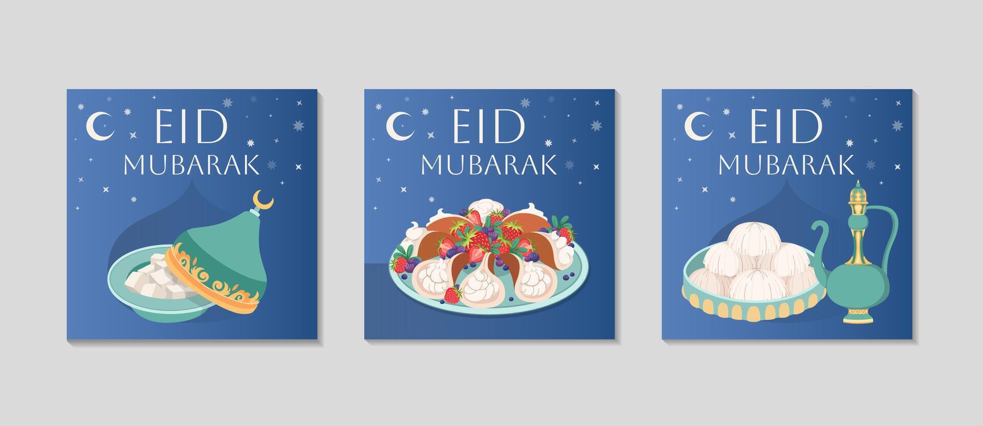 Eid Mubarak greeting card set. Festive background with Arabic sweets and tea. Traditional food for holiday of Eid al Fitr. Pancakes, Turkish delight. Sweet pastries with cream. Vector illustration.