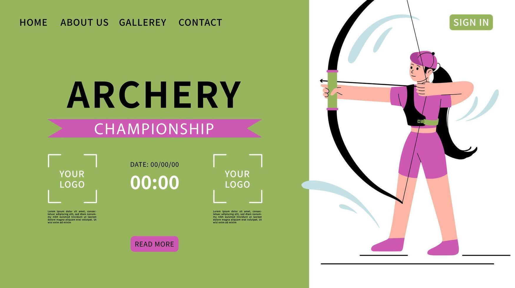 Archery championship web banner. Woman shoots bow. Background for sports standings. Website for sports competitions. Target hit. Woman athlete. Text templates. Vector flat illustration.