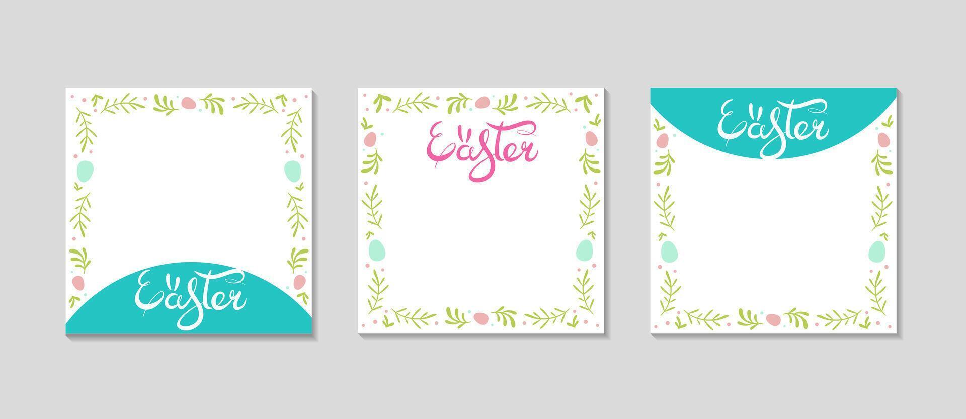 Happy Easter floral frame. For Social media square greeting stories. Holidays spring template set. Background with lettering for sale, visual design. Vector flat illustration.