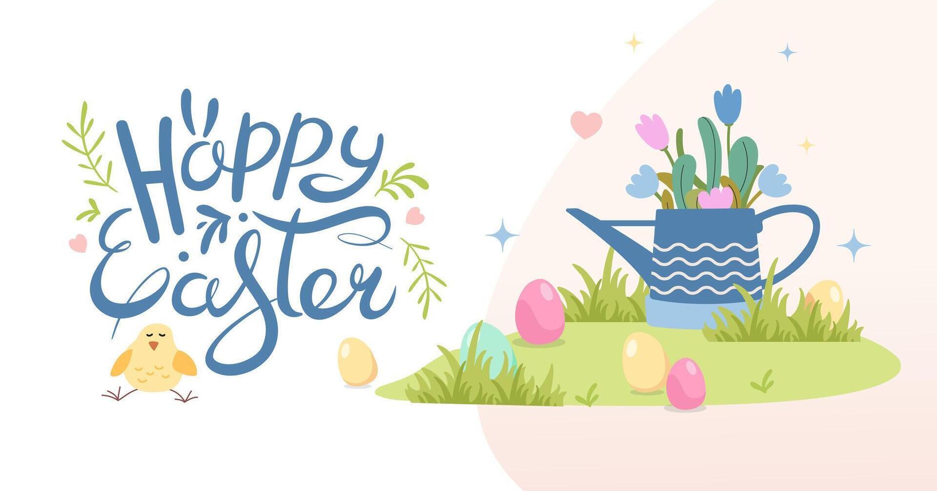 Modern happy Easter banner with chicken, garden watering can and colored eggs. Cute bird and lettering. Spring minimal style. Horizontal festive background for invitations. Vector flat illustration.