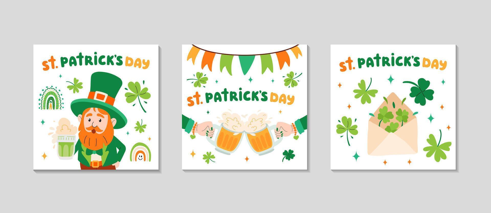St. Patrick's day cards set. Greeting post background for Social media. Holidays square invitation. Festive Irish elements flags, shamrocks, beer, rainbow, leprechaun. Vector flat illustration.