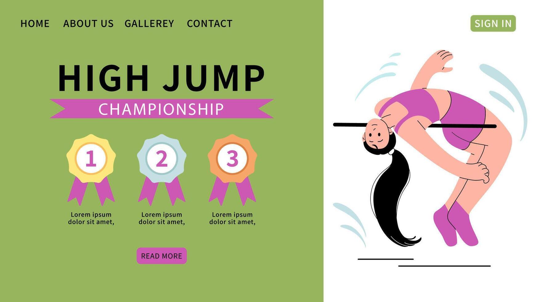 High jump championship web banner. Athlete jumps over crossbar. Background for sports standings with three prizes. Gold, silver and bronze medals. Text templates, website. Vector flat illustration.