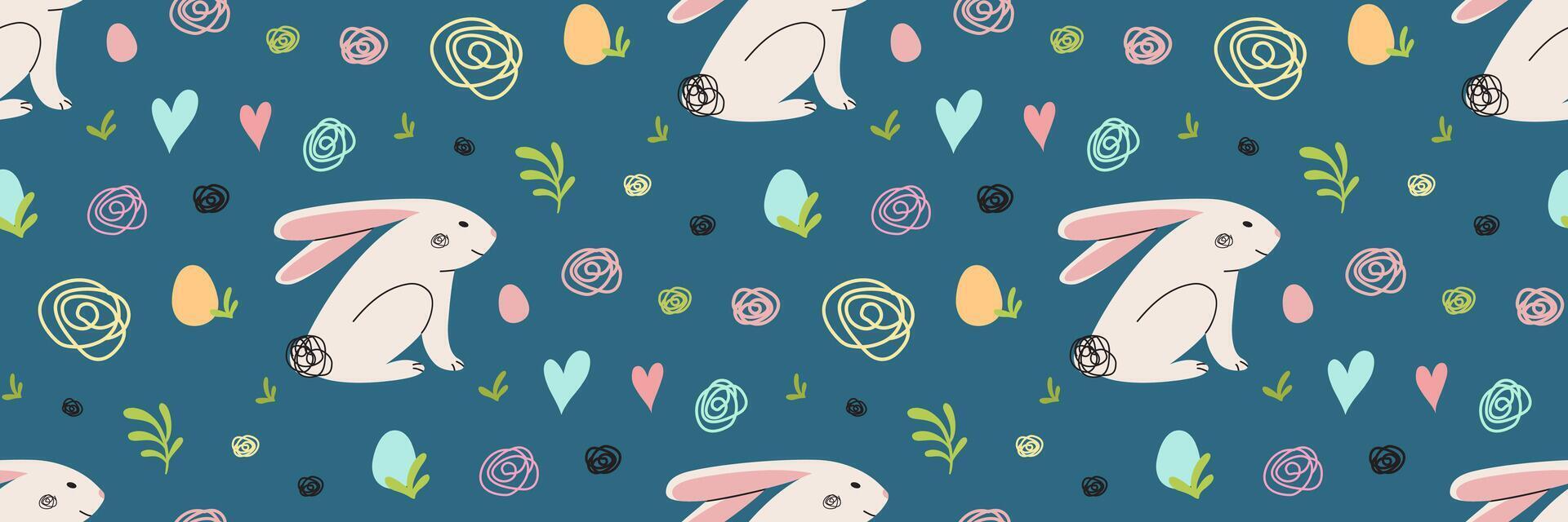 Easter rabbit blue seamless pattern. Colorful eggs, modern bunnies, and abstract doodles, scribble. Happy Easter background. For greeting cards, banner, textiles, wallpapers. Vector flat illustration.
