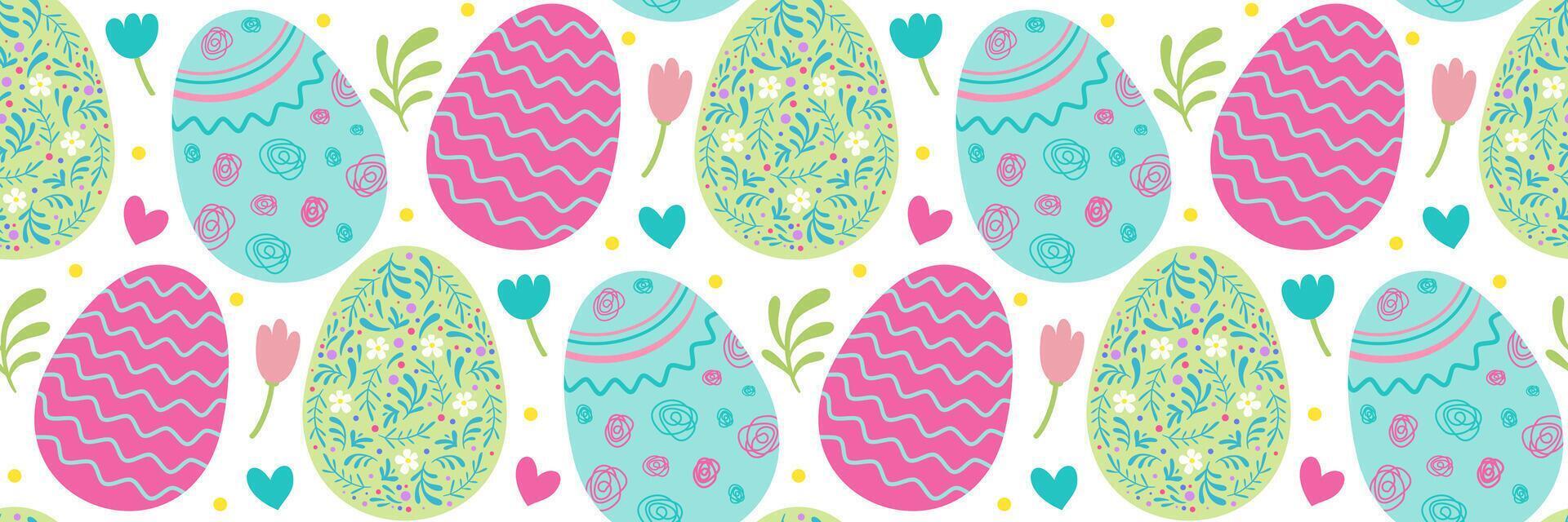 Easter seamless pattern floral and geometric patterned eggs. Festive background for invitations. Suitable for greeting cards, banner, textiles, wallpapers. Vector flat illustration.