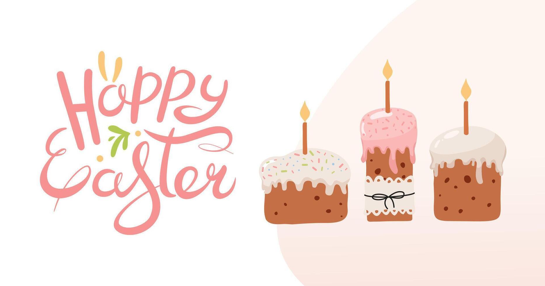 Spring Easter banner with cakes and candles. Hand lettering. Traditional religious sweet pastries. Spring minimal style. Horizontal festive background for invitations. Vector flat illustration.