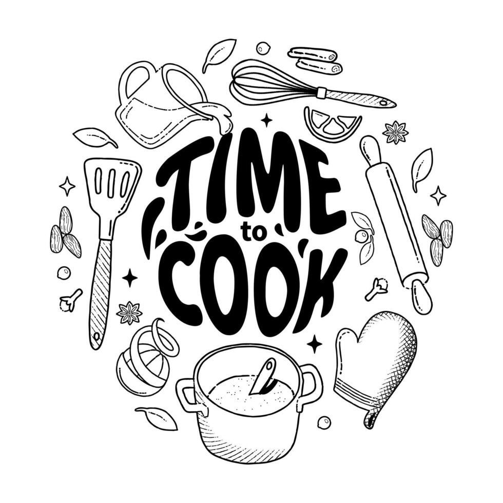 Kitchenware and Cook line ingredients set. Time to cook lettering. Products and kitchen tools for cooking baking recipes. Food icons and elements. Vector line illustration. Kitchen utensils, home menu