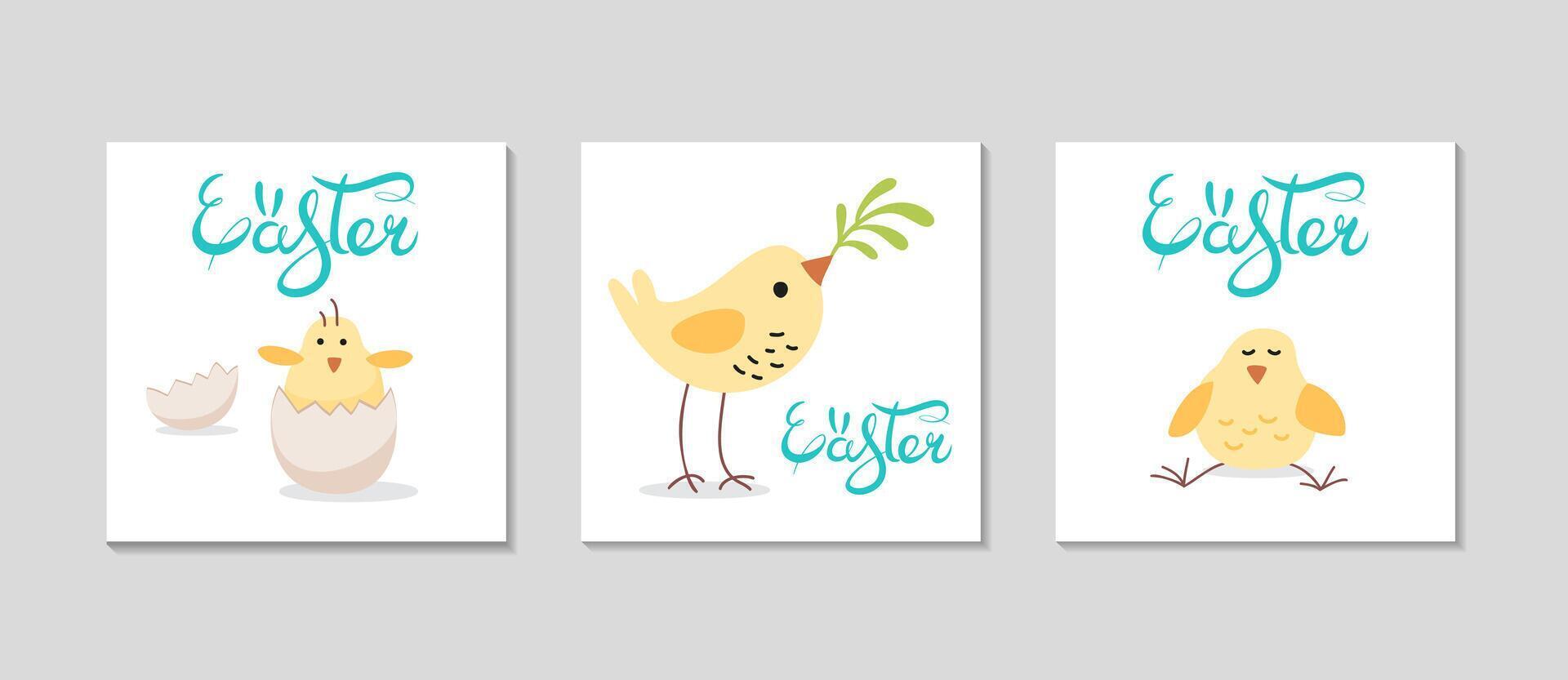 Easter simple cards set. Greeting square background for Social media. Holidays spring invitation. Little Easter birds. Cute yellow chickens, lettering. Vector flat illustration.