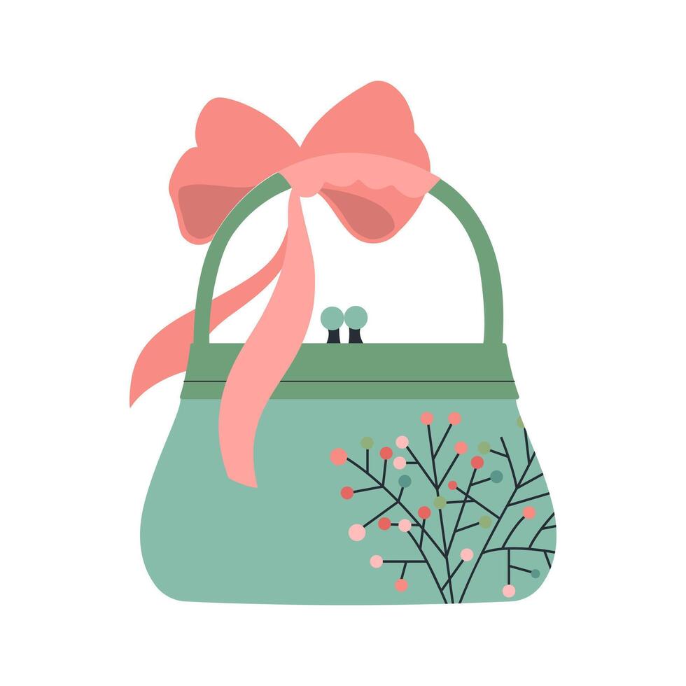 Green women's handbag. Fashionable women's accessory. Spring mood. Beautiful decorative element in wardrobe. Pink bow. Vector flat illustration for packaging, shops, web.
