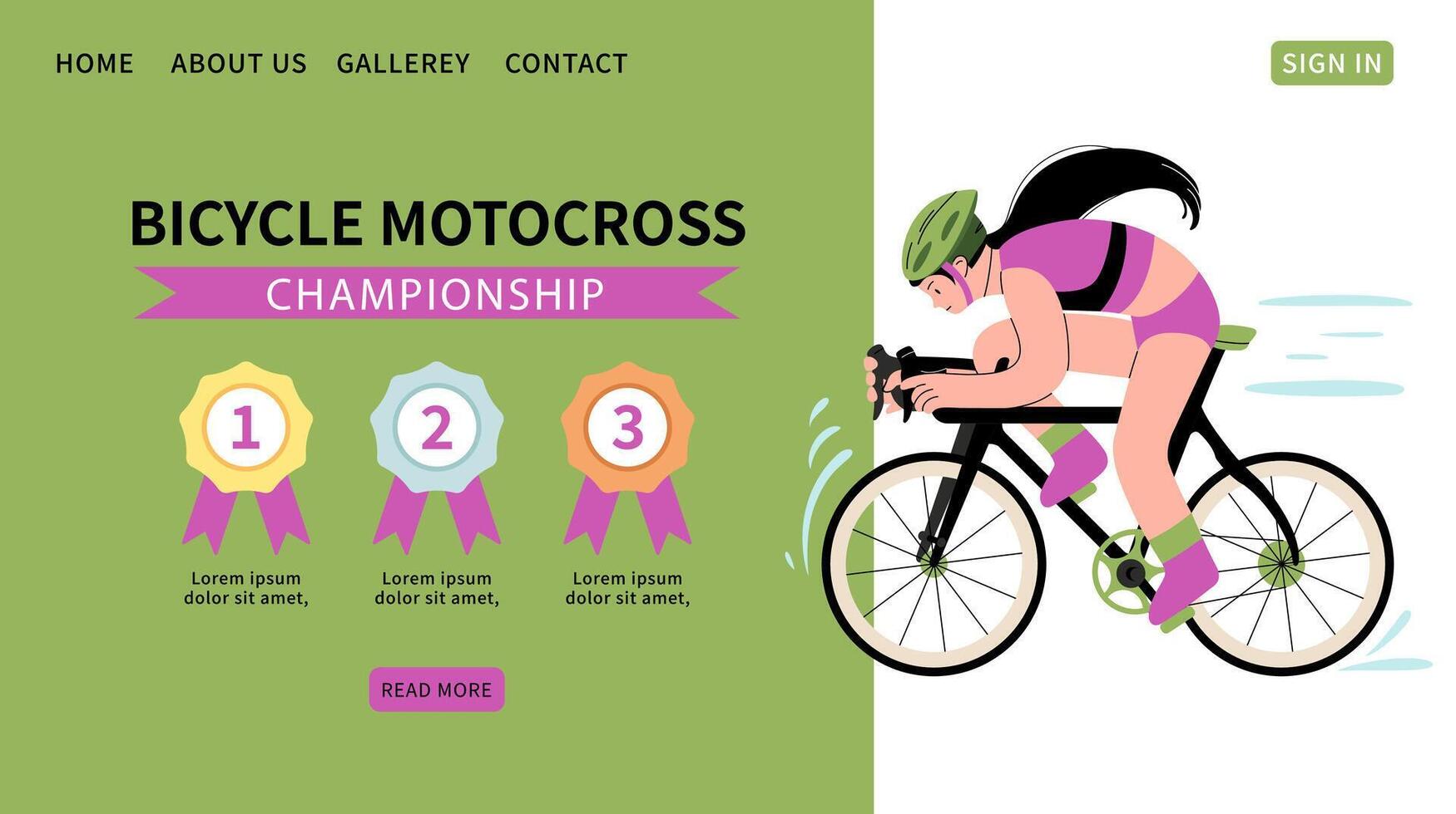 Bicycle motocross championship web banner. Cyclist riding bike. Background for sports standings with three prizes. Gold, silver and bronze medals. Text templates, website. Vector flat illustration.