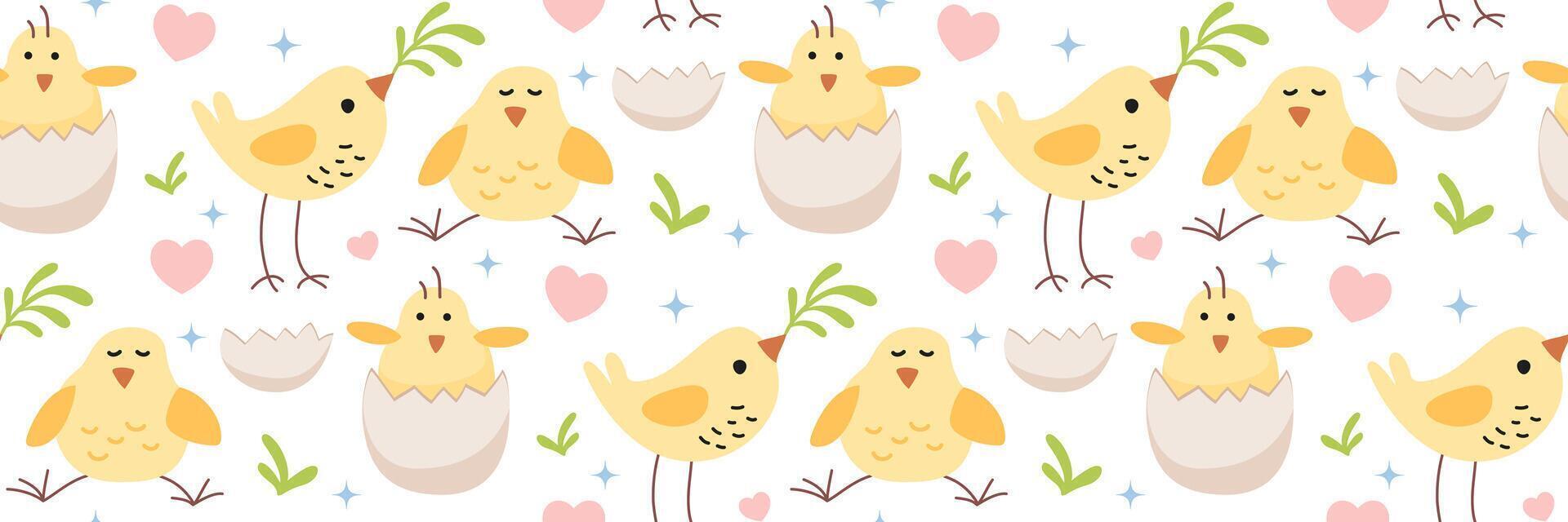 Happy Easter seamless pattern with little Easter birds. Cute yellow chickens. Holidays Spring background for invitation. For greeting card, banner, textiles, wallpaper. Vector flat illustration.