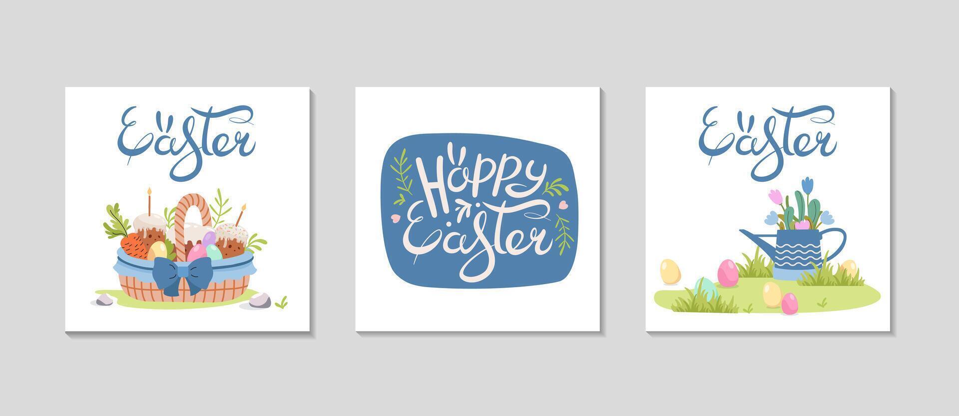 Happy Easter cards set. Greeting square post background for Social media. Holidays spring invitation. Basket with colored eggs and cake, garden watering can, lettering. Vector flat illustration.