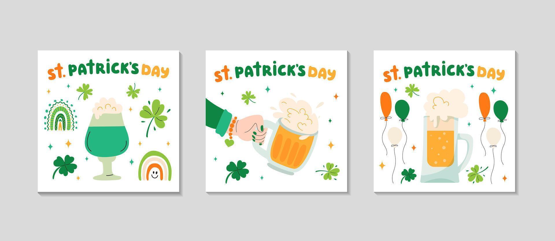 St Patricks day simple cards set. Greeting post background for Social media. Holidays square invitation. Festive Irish elements shamrocks, beer, rainbow, balloons, lettering. Vector flat illustration