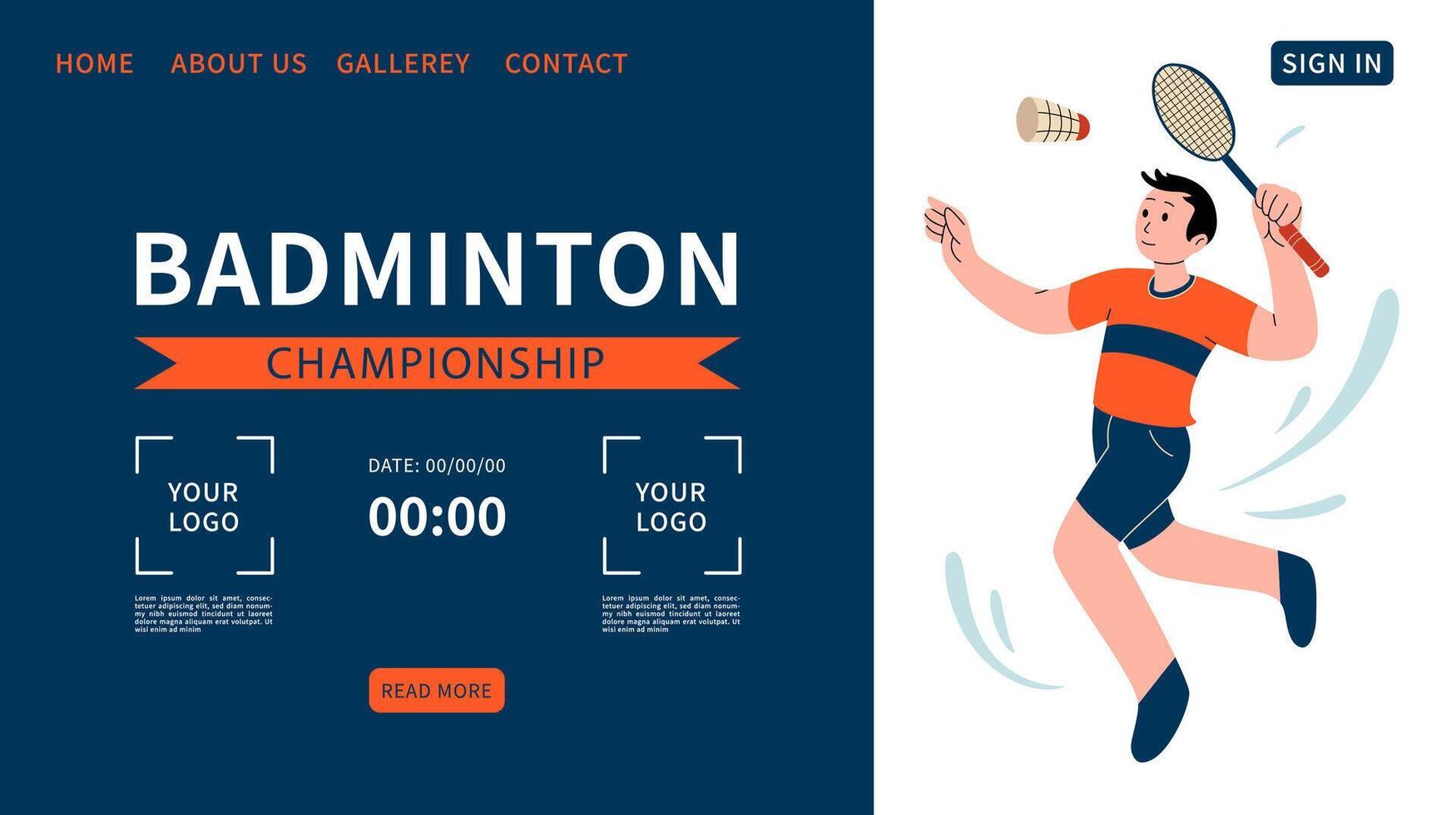 Badminton championship web banner. one Badminton player player jumping smash shot. Background for sports standings. Website for sports competitions. Text templates. Vector flat illustration.