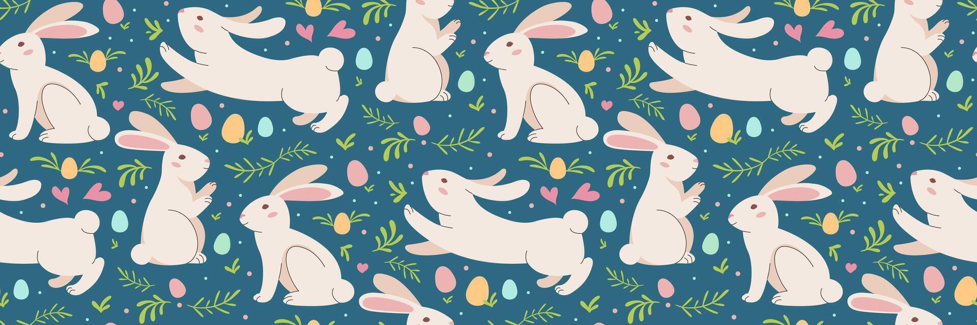 Easter rabbit blue seamless pattern. Colorful Easter eggs. Color eggs with bunnies, vegetation. Traditional festive background. For greeting cards, banner, textiles, wallpapers. Vector illustration.