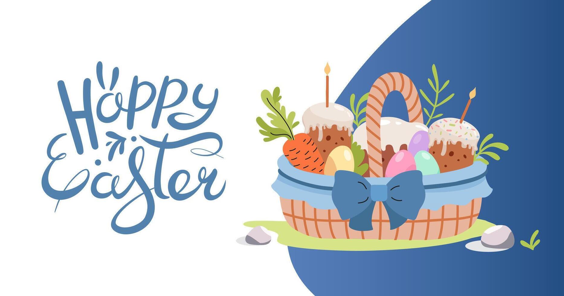 Spring Easter banner with basket with colored eggs and cake. Hand drawn lettering. Woven Easter basket. Spring minimal style. Horizontal festive background for invitations. Vector flat illustration.