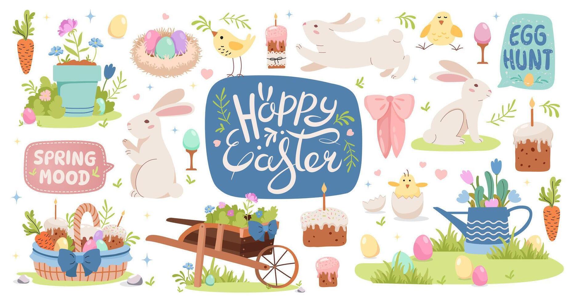 Happy Easter cartoon animal character and garden elements set. Spring Easter bunny, chickens, garden wheelbarrow, potted flower, basket with colored eggs and cake. Hand lettering. Vector illustration.