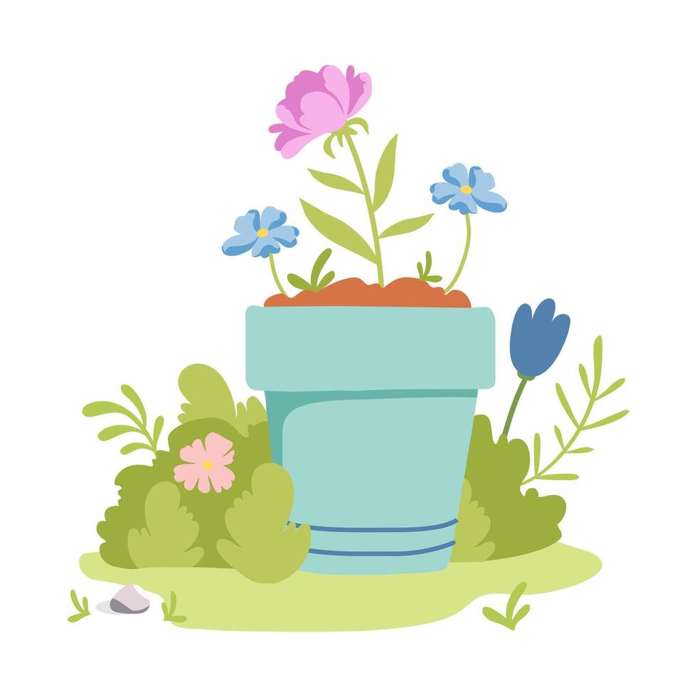 Spring pot with flowers. Gardening tools and plant care. Home garden composition. Spring or summer decoration. Hobbies, trendy home decor, taking care of plants. Green plants. Vector flat illustration