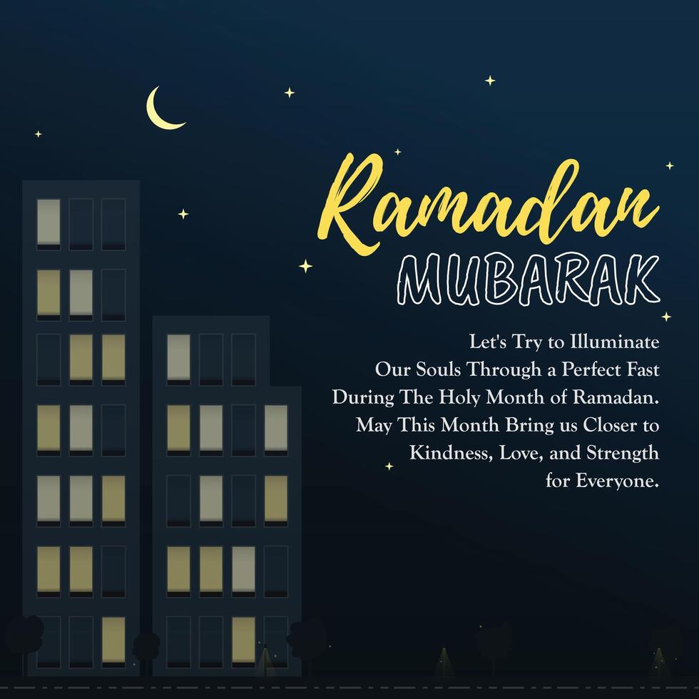 Ramadan Mubarak social media post design, midnight illuminated urban people awaken for eat Sahari for fasting, Muslim community faith. Let's try to illuminate our souls through a perfect fast. vector
