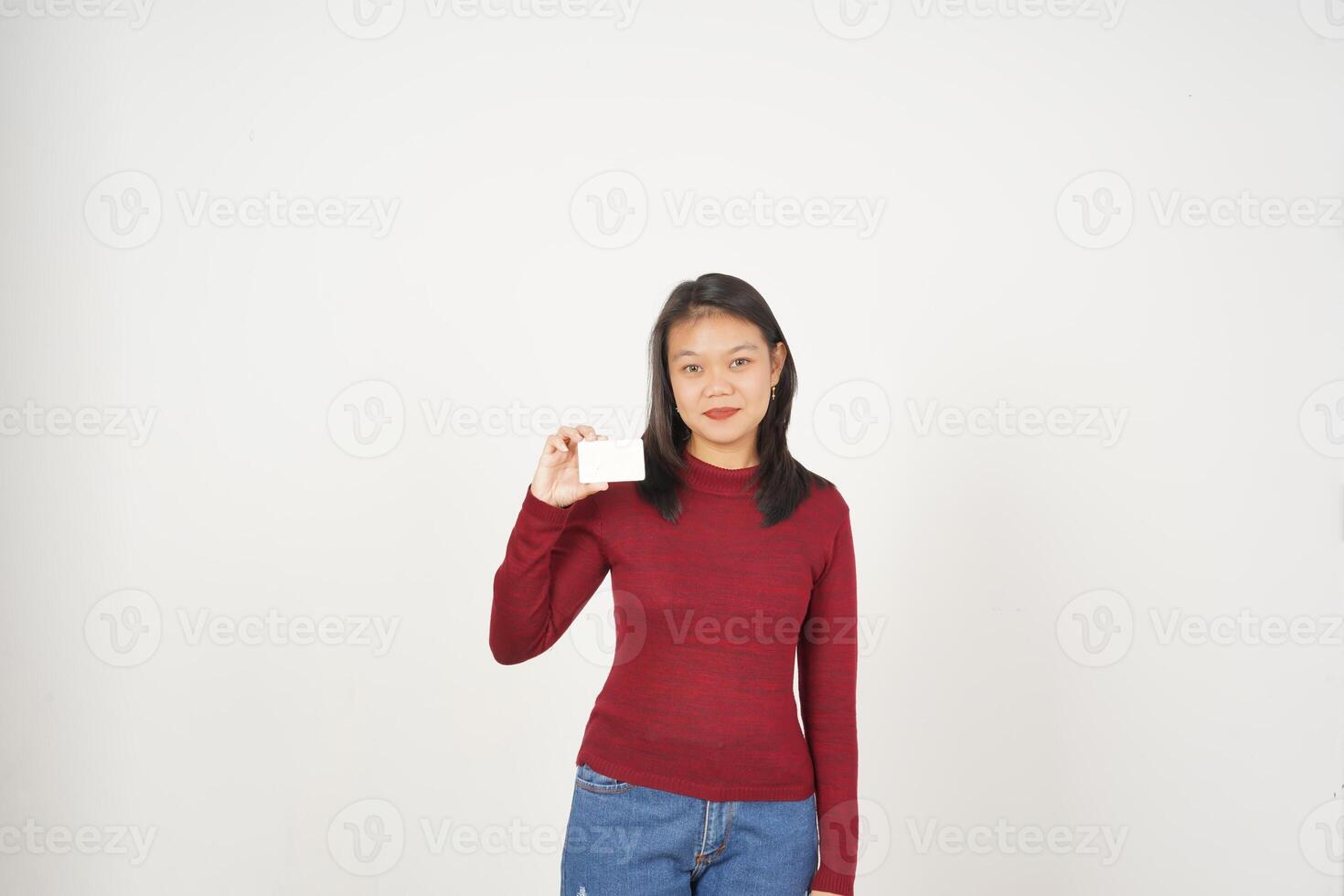 Young Asian woman in Red t-shirt Showing blank card isolated on white background photo