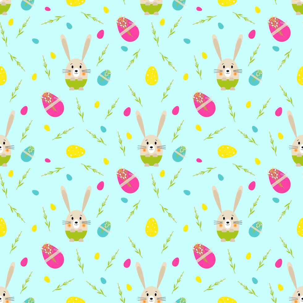 Seamless vector Easter pattern with cute little rabbit, decorated eggs and sprigs of flowers. Print for textile, pack, fabric, wallpaper, wrapping.