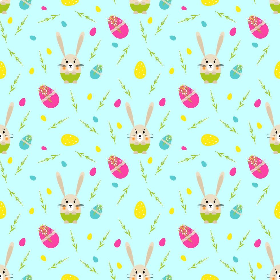 Seamless vector Easter pattern with cute little rabbit, decorated eggs and sprigs of flowers. Print for textile, pack, fabric, wallpaper, wrapping.