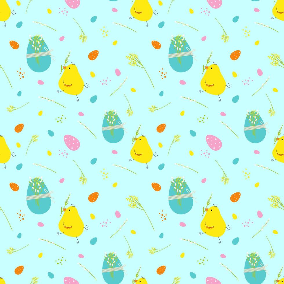 Seamless vector pattern with cute chick, decorated eggs and sprigs of flowers. Print for children textile, pack, fabric, wallpaper, wrapping.