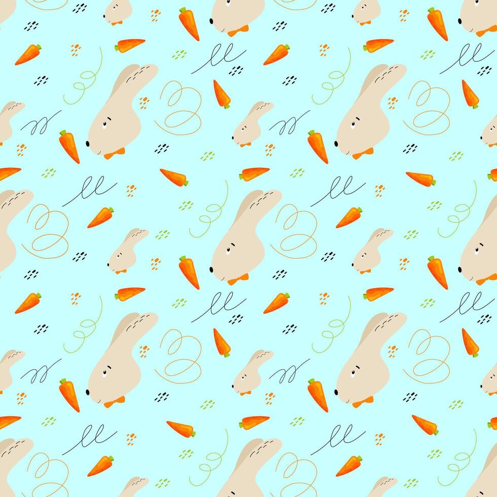 Seamless vector pattern with cute little rabbit and carrot. Print for children textile, pack, fabric, wallpaper, wrapping.