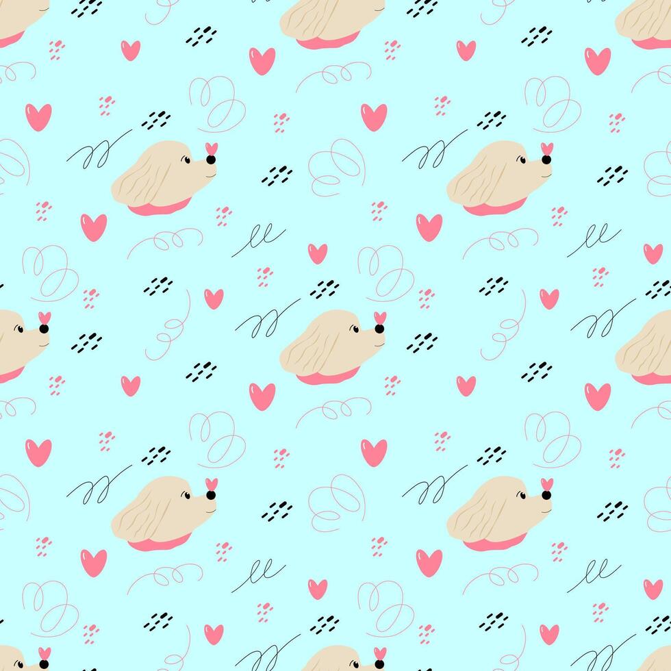 Seamless vector pattern with cute dog and heart. Print for children textile, pack, fabric, wallpaper, wrapping.