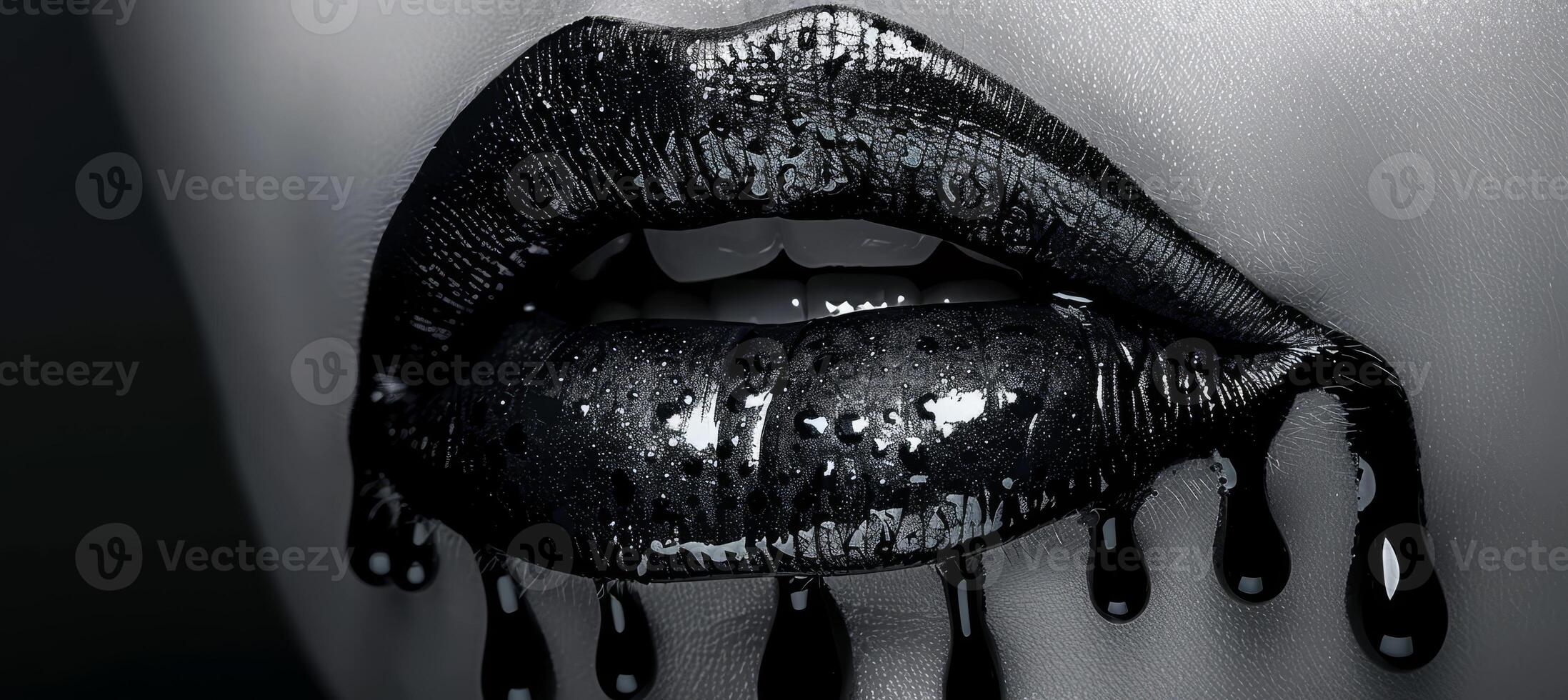 AI generated Beautiful model with black paint smudges and lip gloss dripping, metallic skin makeup photo