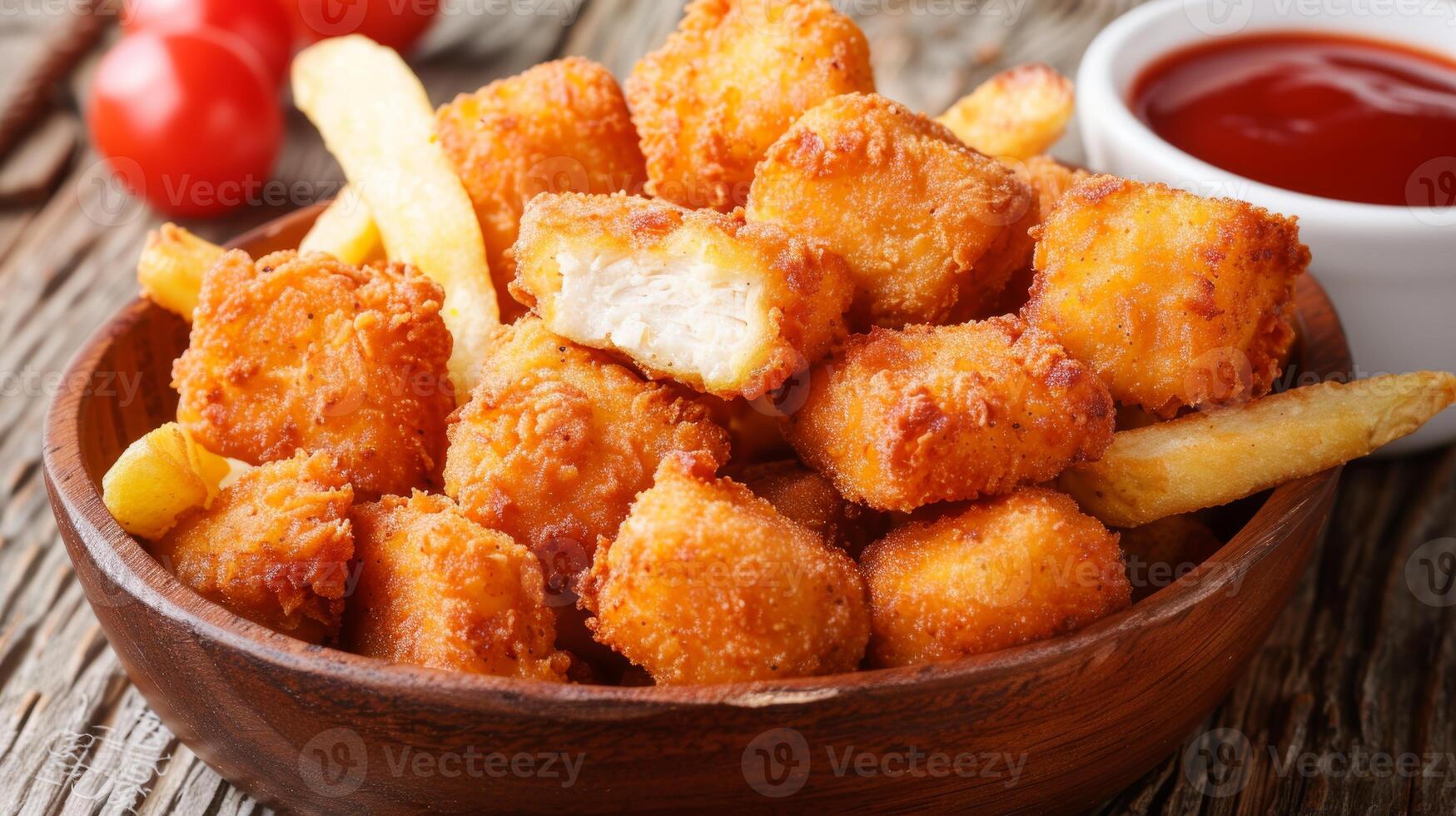 AI generated Top view of traditional chicken nuggets and french fries on wooden table with space for text photo