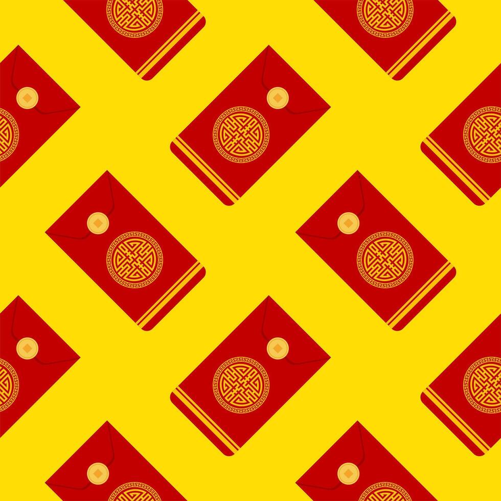 angpao o hongbao chino nuevo año suerte dinero sobre sin costura modelo. chino festivo tradicional regalo con monedas, dinero para nuevo año, cumpleaños, Boda y otro vacaciones. vector