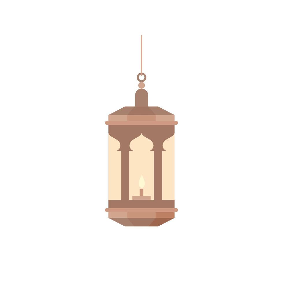 Traditional eastern lantern flat design vector illustration. Arabic muslim colorful hanging lamps, crescents and stars.